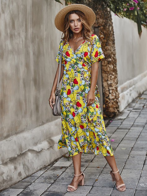 strapless open back dress Dressystar Yellow Women Floral Maxi Dresses Boho Beach Party Dress