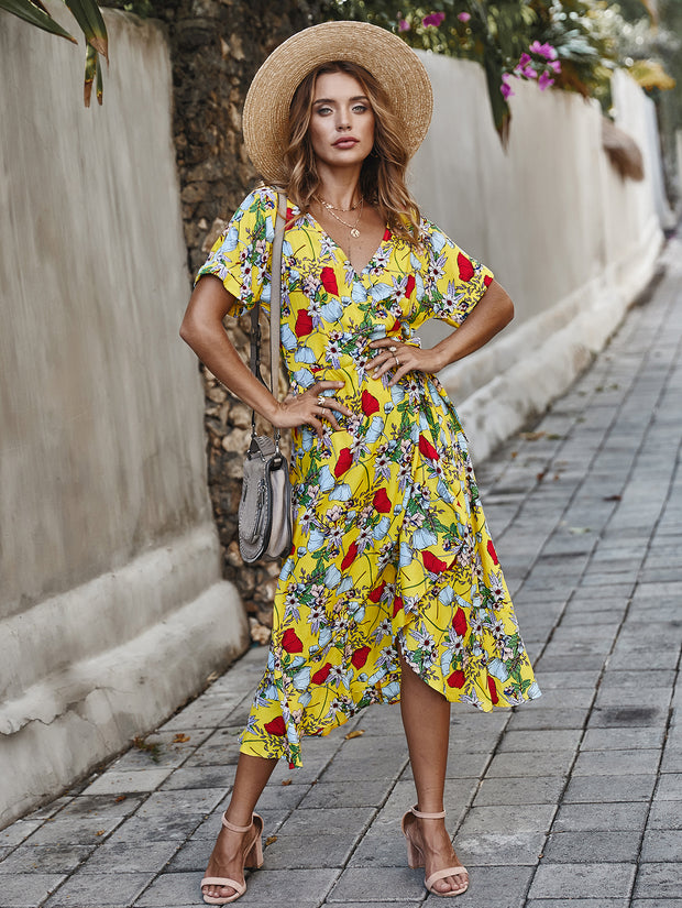 Dressystar Yellow Women Floral Maxi Dresses Boho Beach Party Dress