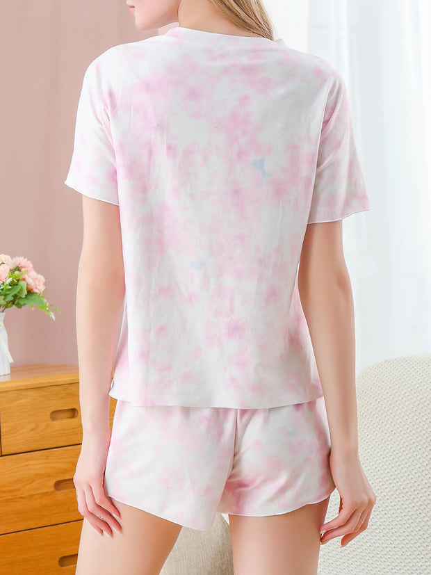 Dressystar Pink Womens Tie Dye Print Pajama Sets Short Sleeve Loungewear Sleepwear