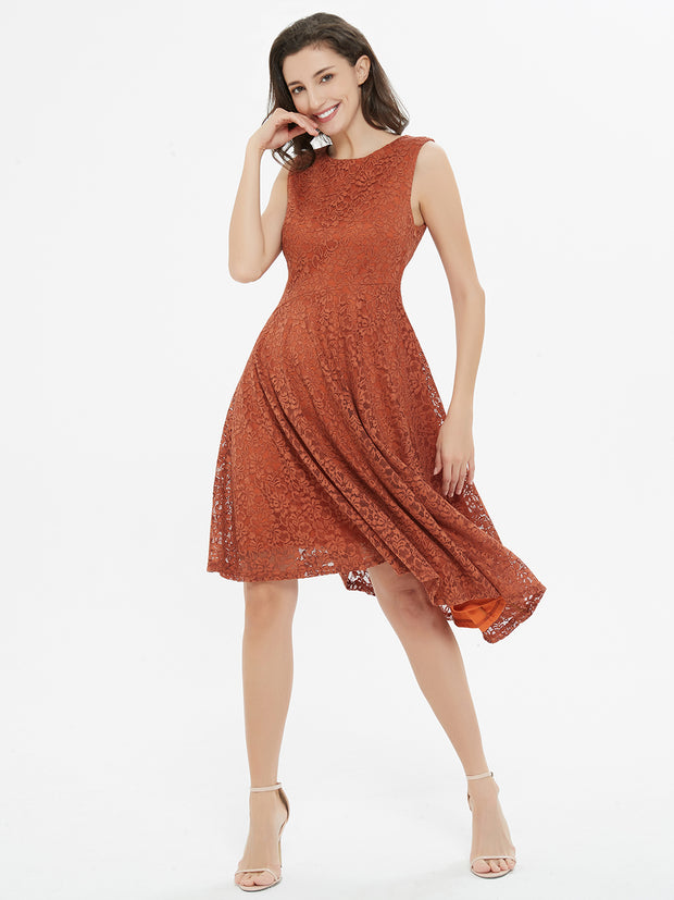Caramel Brown Lace Asymmetrical Dress
