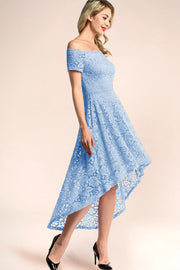 blue off shoulder lace high low homecoming dress