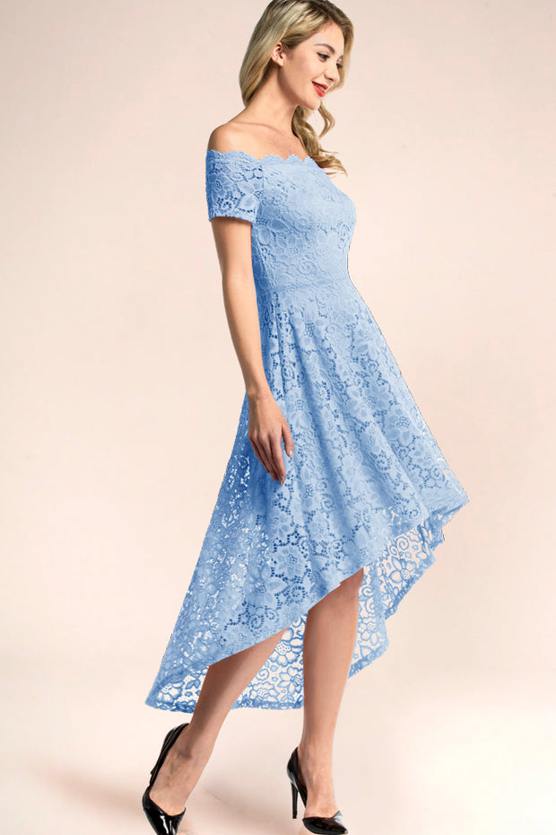 blue off shoulder lace high low homecoming dress