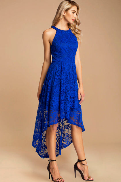 Flowy Halter Lace Cocktail Dress | Royal Blue High Low Bridesmaid Dress Dressystar Flowy Halter Lace Cocktail Dress | Royal Blue High Low Bridesmaid Dress Dressystar