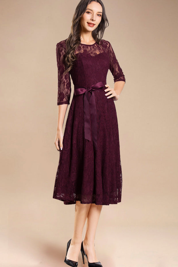 Dressystar women's 3/4 sleeves lace midi dress with belt 0017 burgundy front2