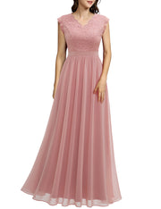 Dressystar Women's V Neck Sleeveless Lace Bridesmaid Dress Wedding Party Gown, Blush, Small