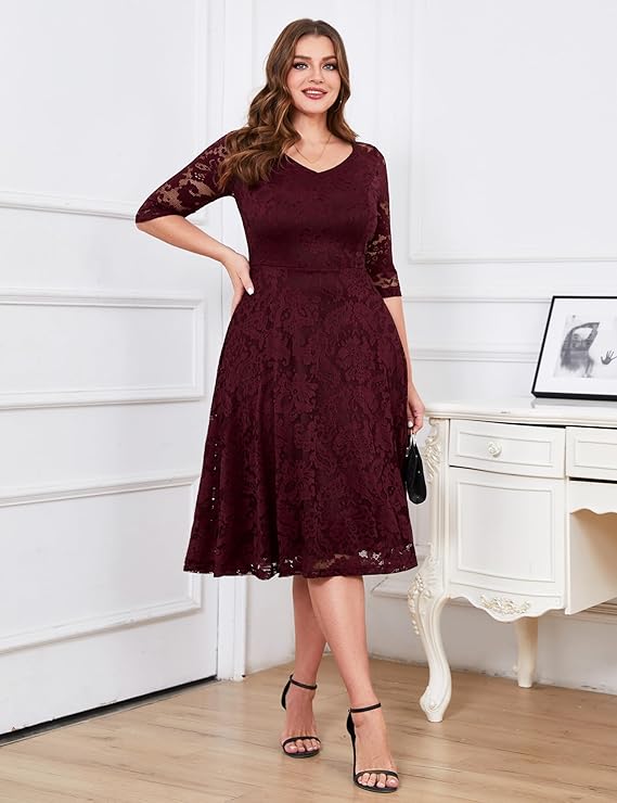 Dressystar Womens Long-Sleeve Wedding Guest Dress A-Line Lace Formal Party Cocktail Midi Dress Prom Gown