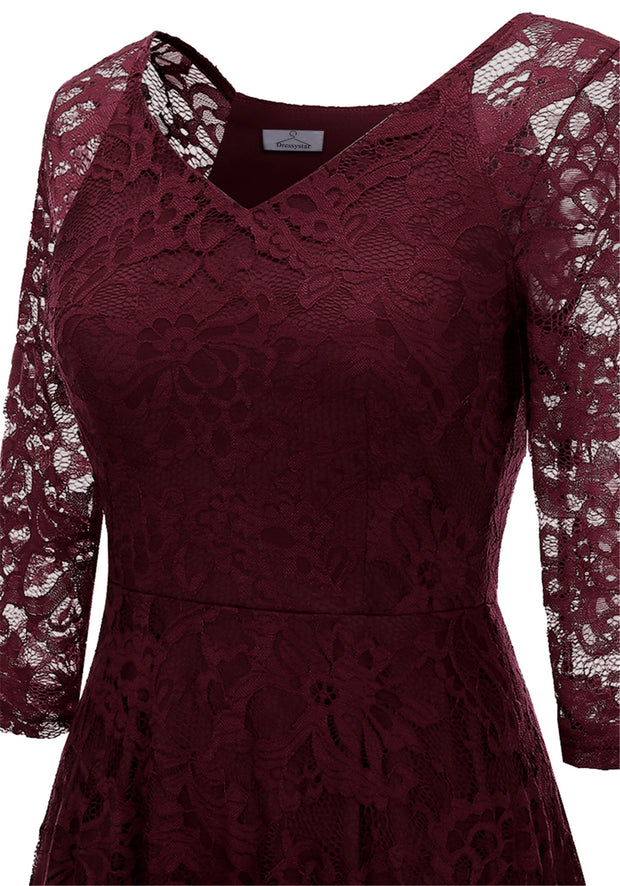 Dressystar Womens Long-Sleeve Wedding Guest Dress A-Line Lace Formal Party Cocktail Midi Dress Prom Gown