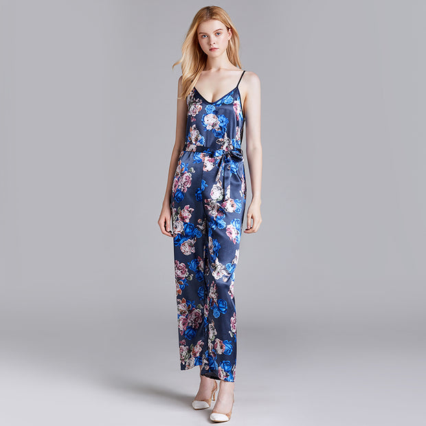 Dressystar Navy Women's Floral Printed Jumpsuits Solid Rompers Casual Comfy Striped Jumpsuit