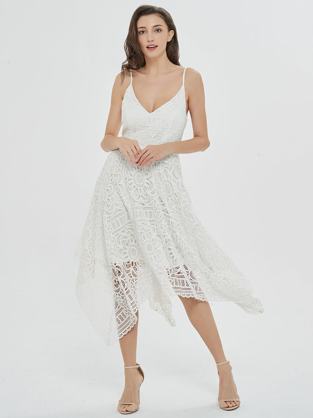 Romantic Swing White Lace Asymmetrical Midi Dress