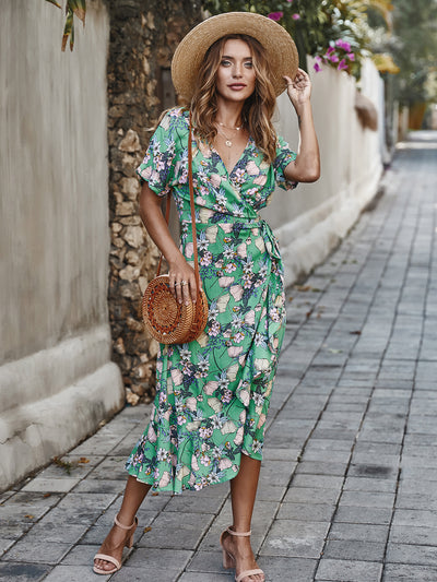 Dressystar Green Women V Neck Floral Summer Casual Dress