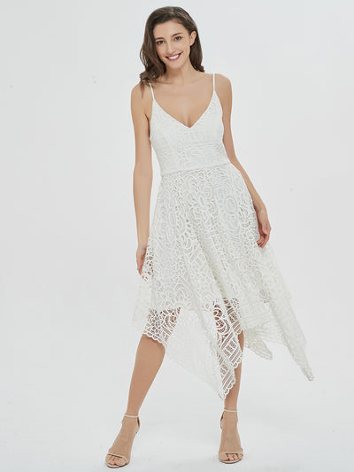 Romantic Swing White Lace Asymmetrical Midi Dress
