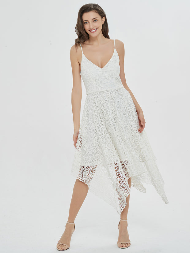 Romantic Swing White Lace Asymmetrical Midi Dress – Dressystar