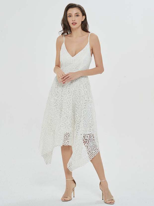 Romantic Swing White Lace Asymmetrical Midi Dress