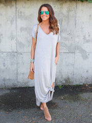 Dressystar Grey Women Casual Loose Pocket Long Dress Short Sleeve