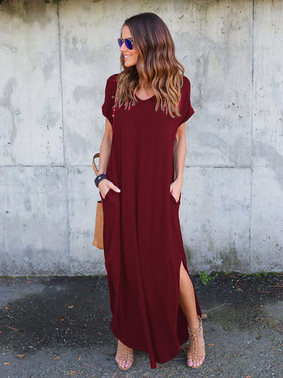 Dressystar Burgundy Women Short Sleeve Maxi Dresses Casual Long with Pockets