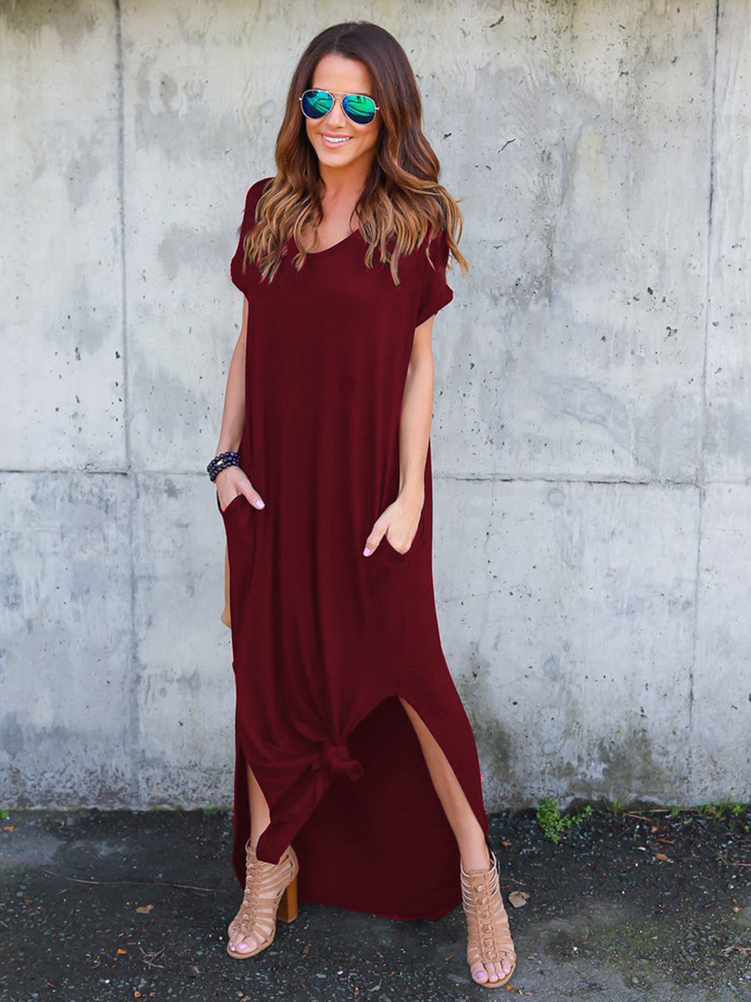 Dressystar Burgundy Women Short Sleeve Maxi Dresses Casual Long with P
