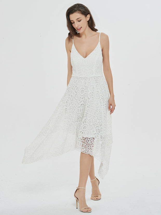 Romantic Swing White Lace Asymmetrical Midi Dress