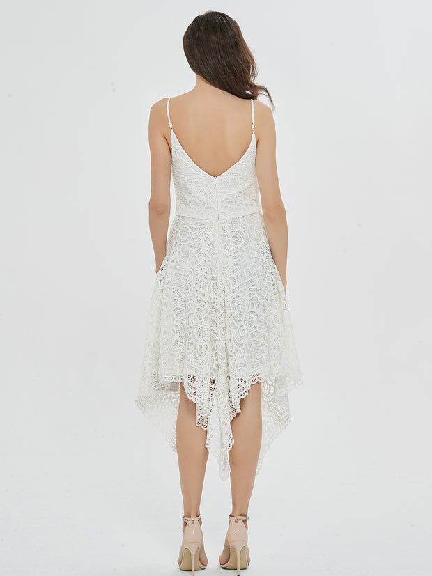 Romantic Swing White Lace Asymmetrical Midi Dress