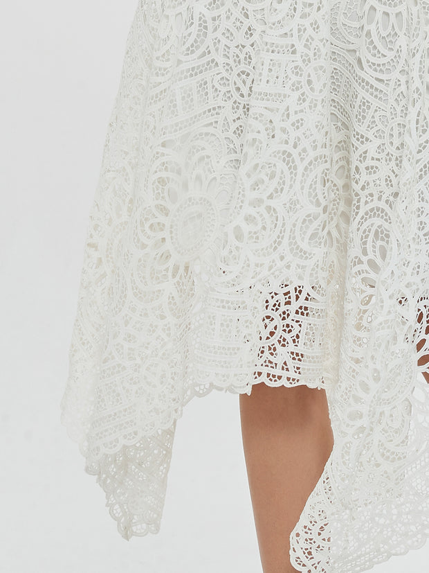 Romantic Swing White Lace Asymmetrical Midi Dress