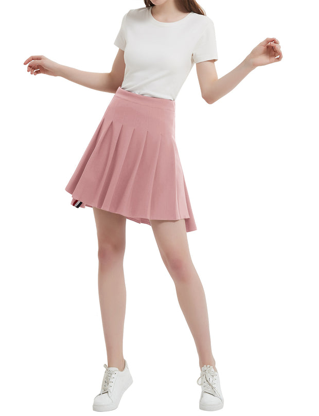Dressystar Women Mini Pleated Skirt High Low Basic Flared A Line Skirt Pink