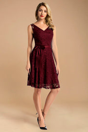 v neck short lace dress with belt burgundy