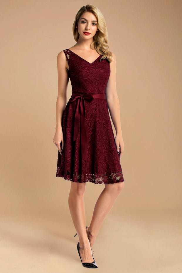 v neck short lace dress with belt burgundy