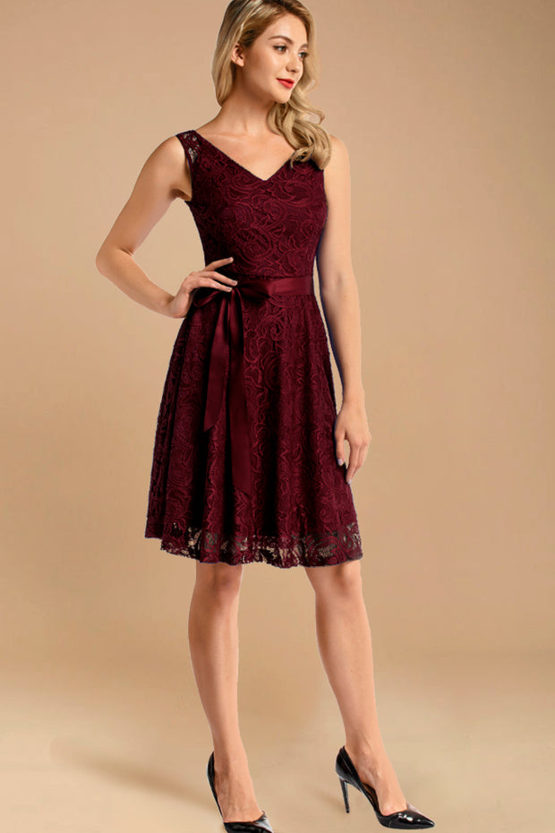 v neck short lace bridesmaid dress with belt burgundy