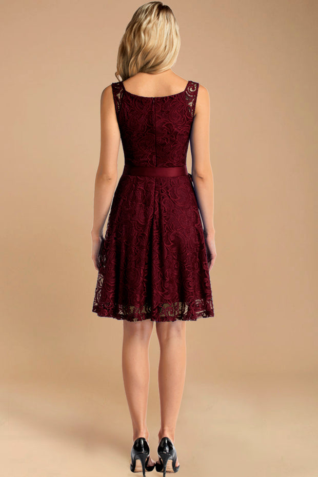 burgundy v neck lace bridesmaid dress with belt