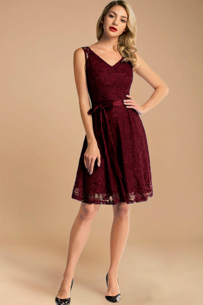 burgundy short lace dress with belt