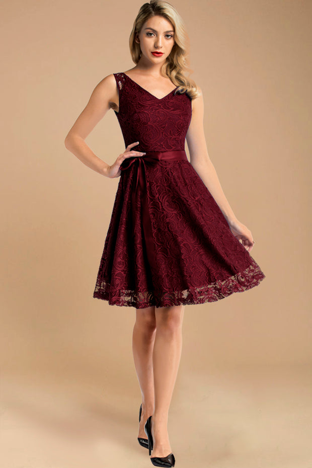 burgundy short sleeveless lace dress with belt