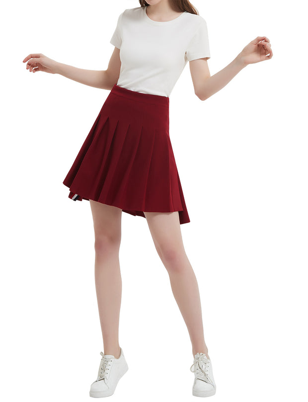 Dressystar Women Mini Pleated Skirt High Low Basic Flared A Line Skirt Burgundy