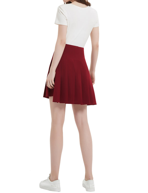 Dressystar Women Mini Pleated Skirt High Low Basic Flared A Line Skirt Burgundy