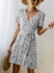 Black and White Print Short Sleeve Wrap Dress