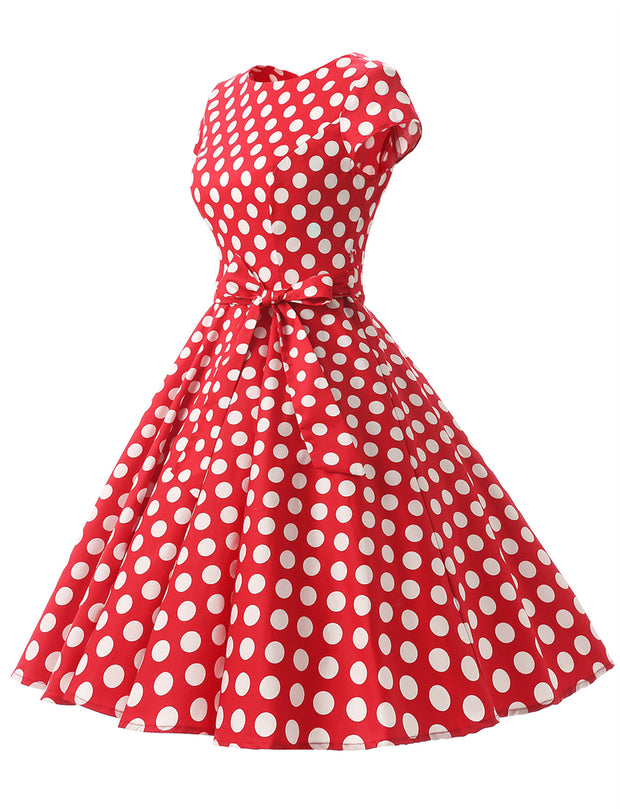 Red White Dot B 1950s Vintage Dress Cap Sleeve