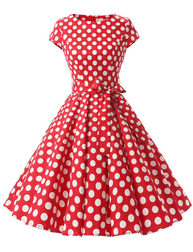 Red White Dot B 1950s Vintage Dress Cap Sleeve