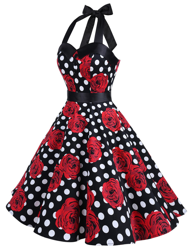 Black White Rose Retro 50's 60's Vintage Dress