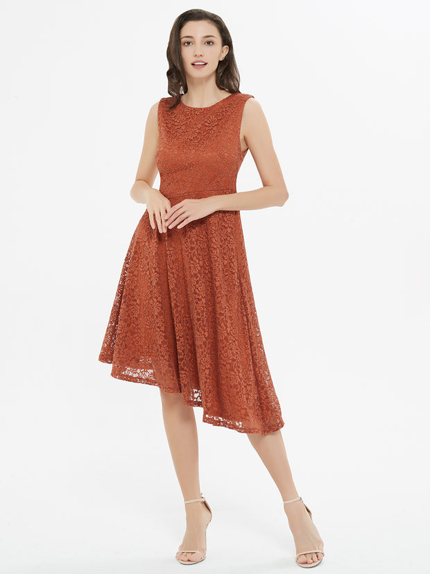 Caramel Brown Lace Asymmetrical Dress