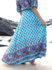 Dressystar Blue Women Bohemian Dress Summer Beach Floral Short Sleeve