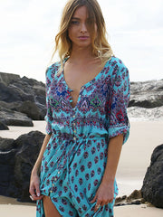Dressystar Blue Women Bohemian Dress Summer Beach Floral Short Sleeve