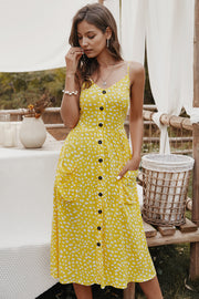 Dressystar Yellow Women Floral Print Boho Casual Dress V Neck Summer Party Dress