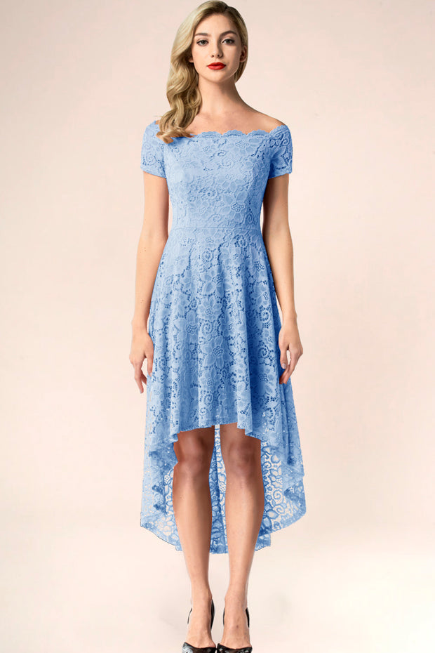 blue off shoulder lace high low formal dress