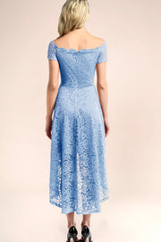 blue off shoulder lace high low formal dress