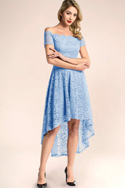 blue off shoulder lace high low bridesmaid dress