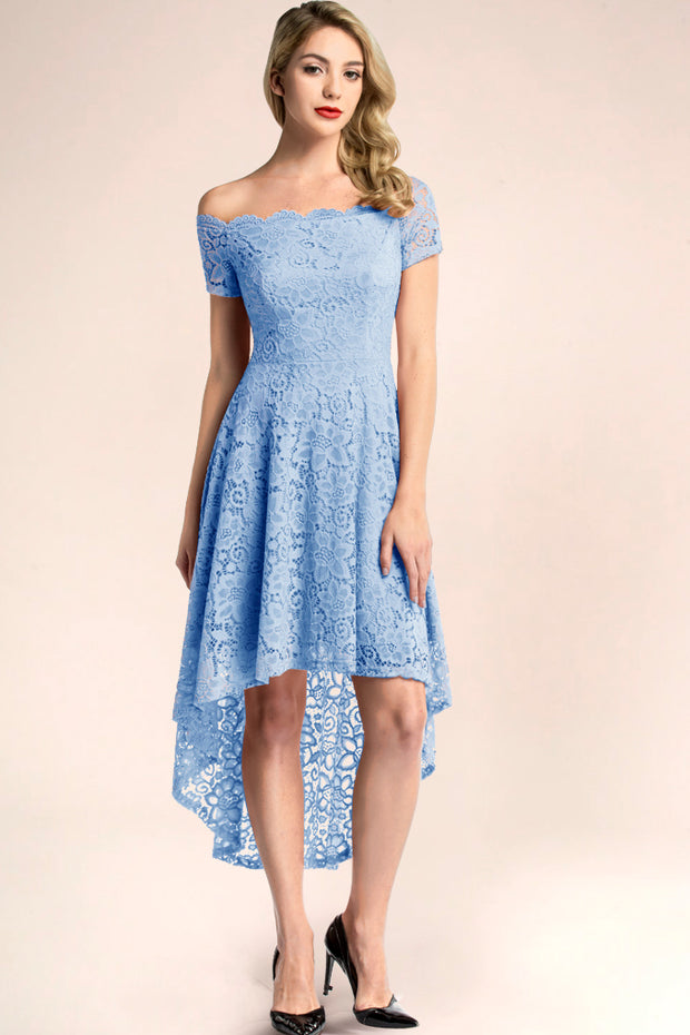 blue off shoulder lace high low dress