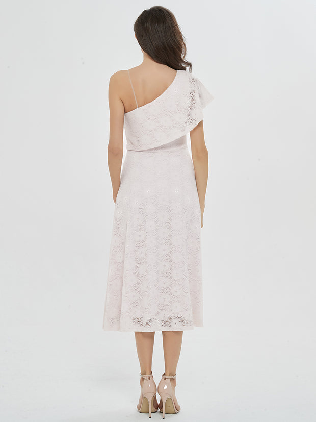 White Ruffled One-Shoulder Midi Dress