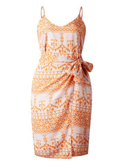 Orange Summer Print Wrap Midi Dress