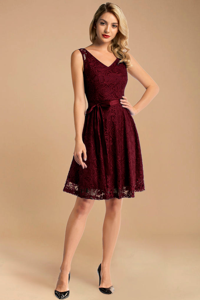 Dressystar Women's Floral Lace Bridesmaid Party Dress with Belt Burgundy