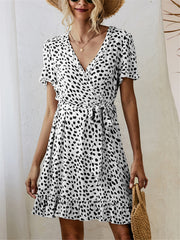 Black and White Print Short Sleeve Wrap Dress