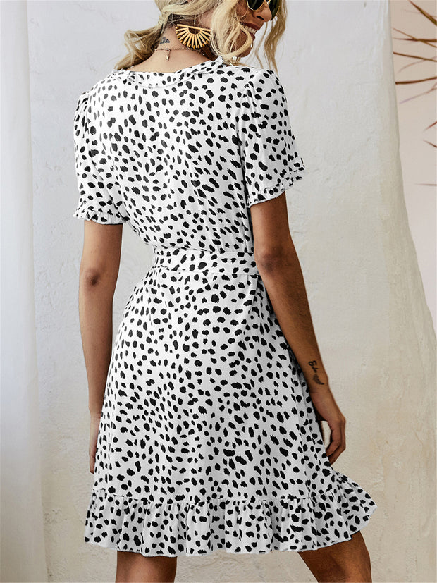 Black and White Print Short Sleeve Wrap Dress