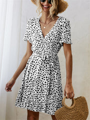 Black and White Print Short Sleeve Wrap Dress